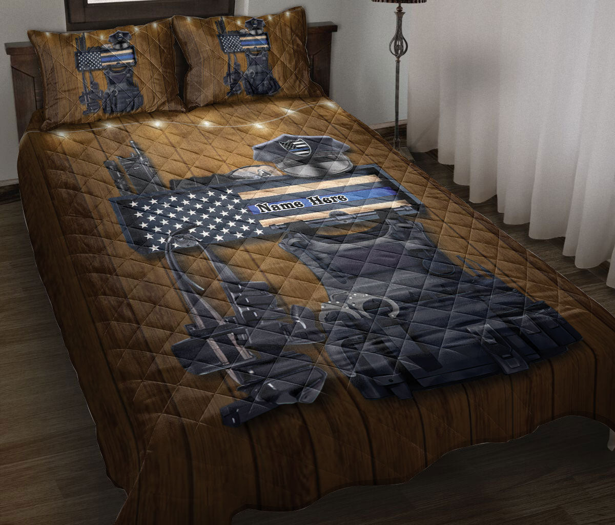 Personalized Police Quilt Bedding Set, Police Thin Blue Line Flag Back The Blue Quilt Blanket With Pillowcases, Custom Name Duvet Cover Set