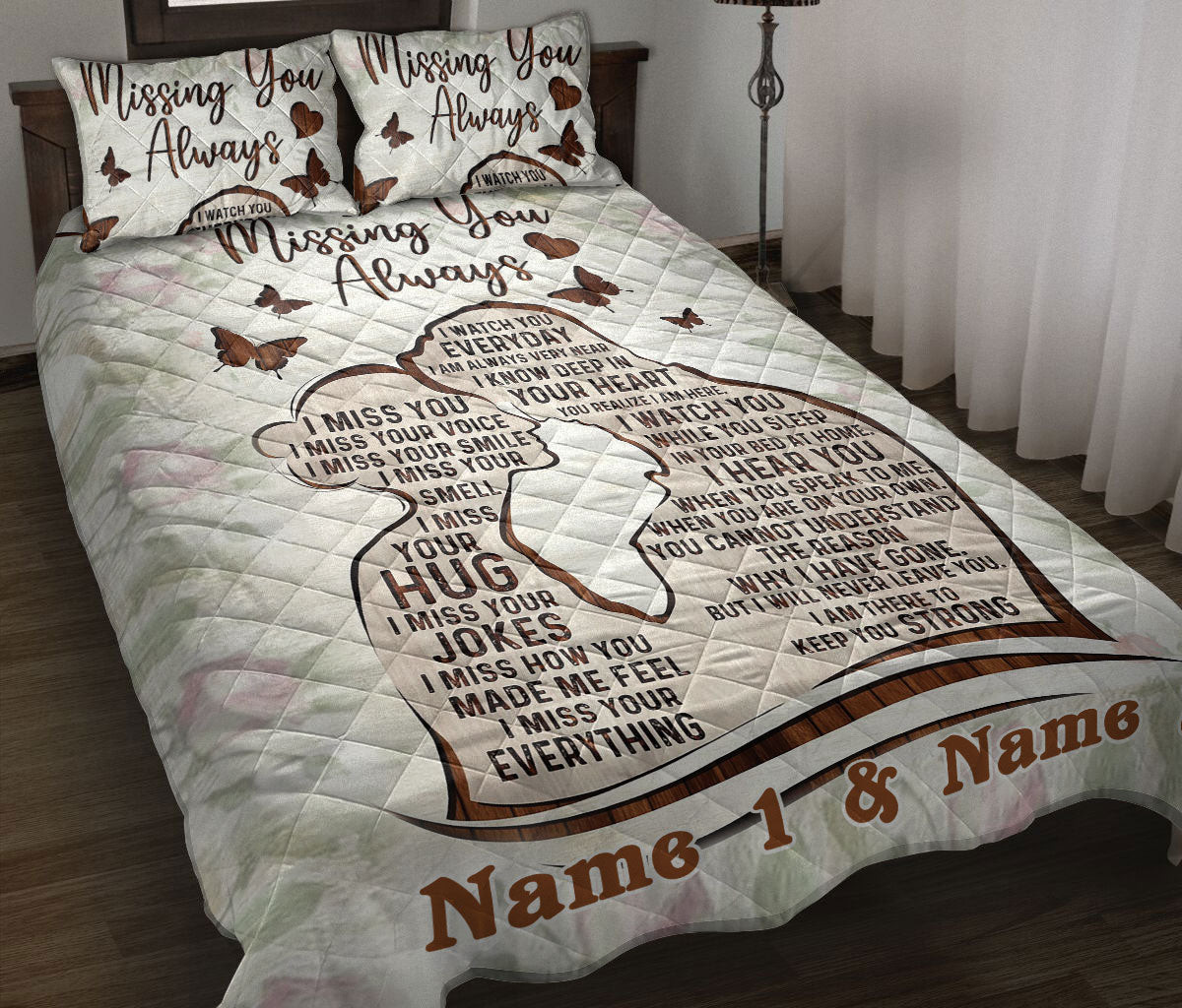 Personalized Couple Quilt Bedding Set, Missing You Always Memorial Couple Floral Quilt Blanket With Pillowcases, Custom Name Duvet Cover Set