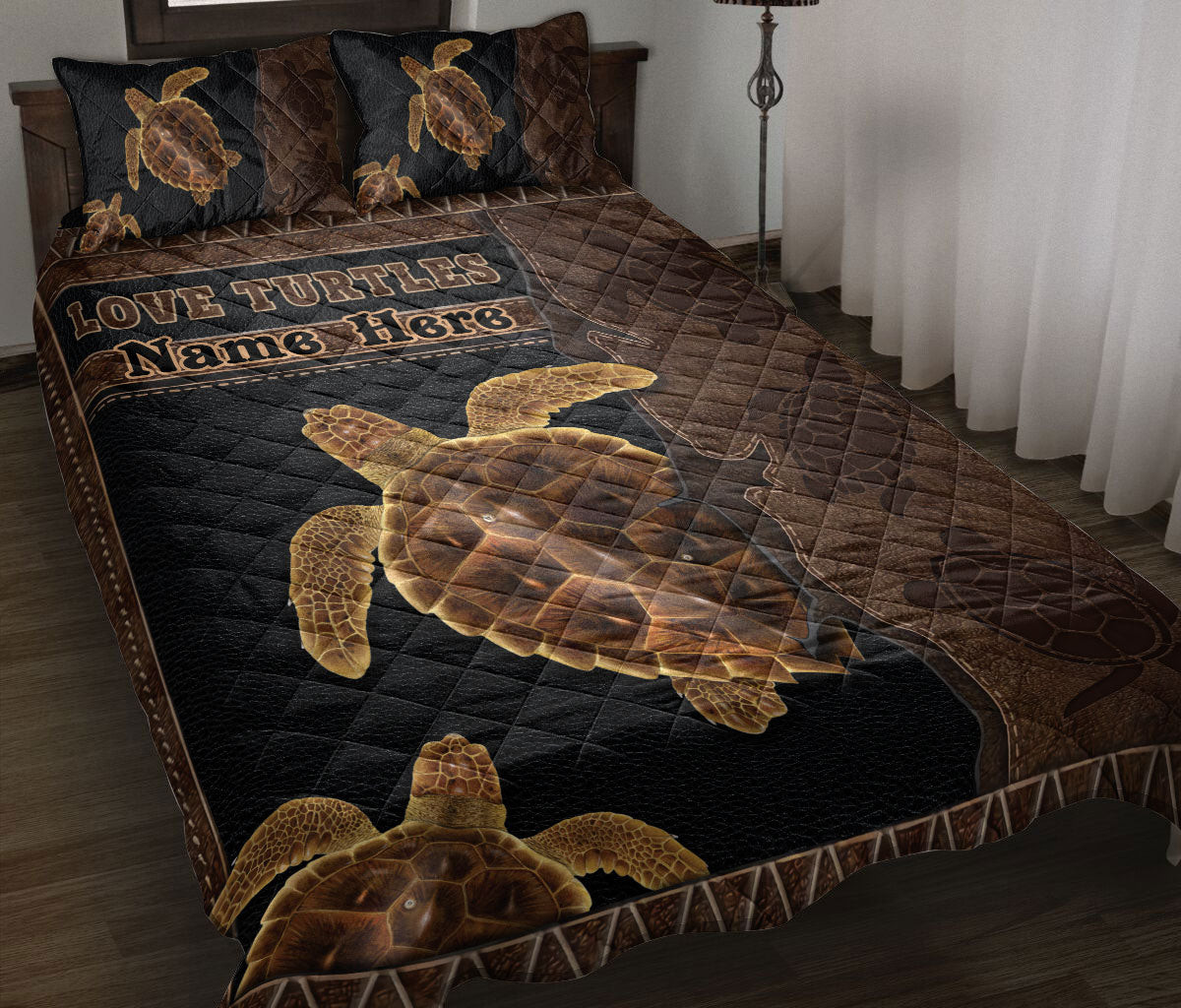 Personalized Turtle Quilt Bedding Set, Love Turtles Turtle Quilt Blanket With Pillowcases, Custom Name Duvet Cover Set