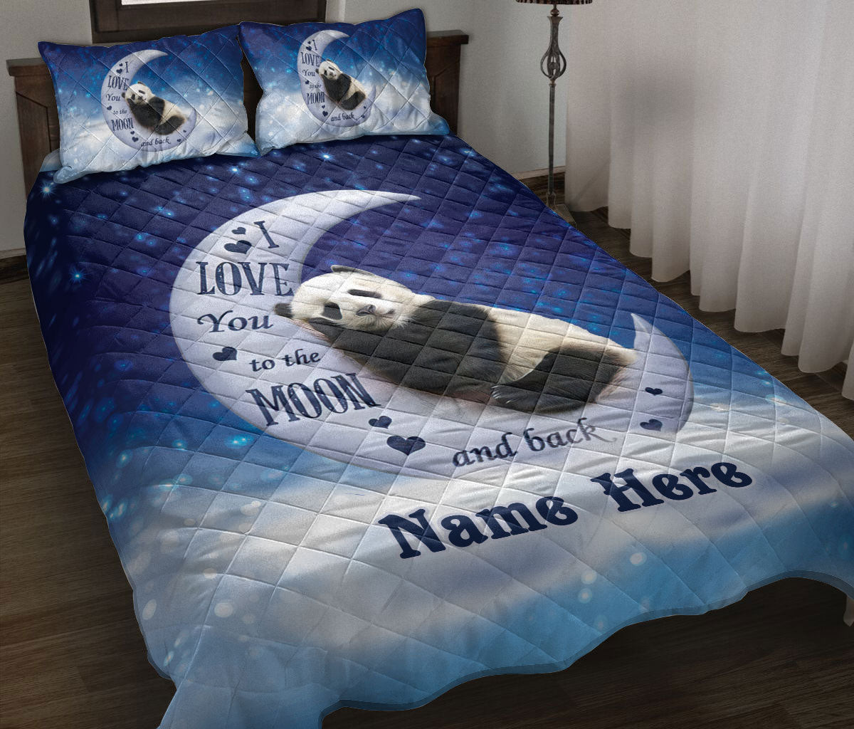 Personalized Panda Quilt Bedding Set, Cute Panda I Love You To The Moon & Back Quilt Blanket With Pillowcases, Custom Name Duvet Cover Set