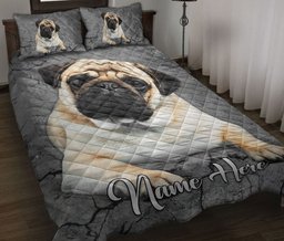 Personalized Pug Quilt Bedding Set, Pug Dog Crack Gray Sliver Quilt Blanket With Pillowcases, Custom Name Duvet Cover Set
