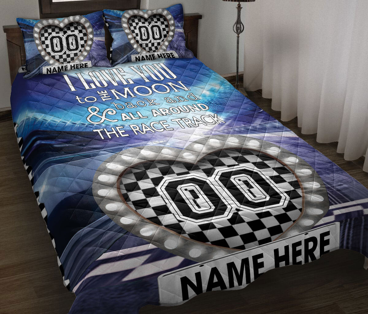 Personalized Racing Quilt Bedding Set, Racing Heart I Love You To The Moon & Back Quilt Blanket With Pillowcases, Duvet Cover Set