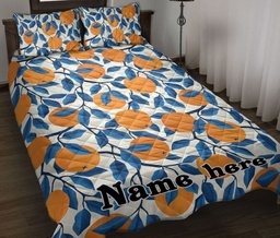 Personalized Fruit Quilt Bedding Set, Tropical Seamless Oranges Fruit Background Quilt Blanket With Pillowcases, Custom Name Duvet Cover Set