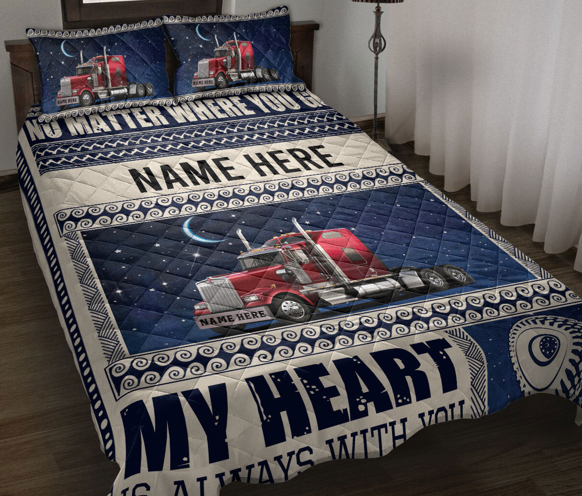 Personalized Trucker Quilt Bedding Set, Red Truck Moon Night Trucker Trucker Driver Quilt Blanket With Pillowcases, Custom Name Duvet Cover Set