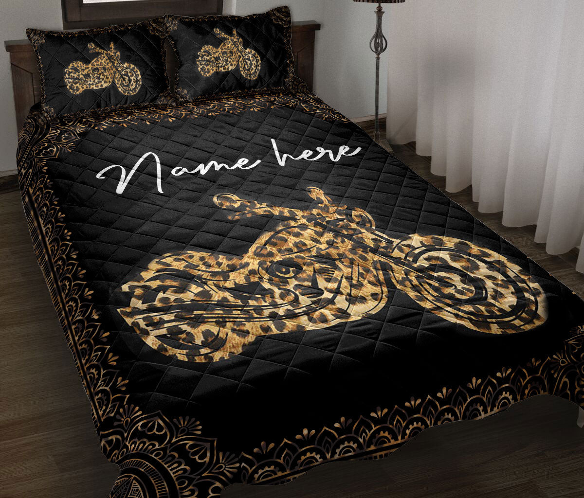 Personalized Motorcycle Quilt Bedding Set, Motorcycle Mandala Quilt Blanket With Pillowcases, Custom Name Duvet Cover Set