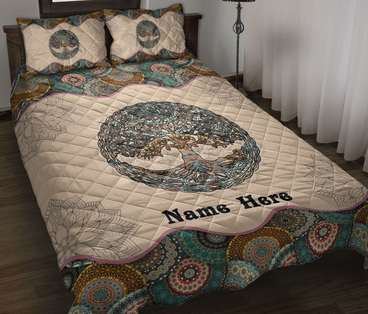 Personalized Tree Of Life Quilt Bedding Set, Tree Of Mandala Floral Quilt Blanket With Pillowcases, Custom Name Duvet Cover Set
