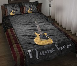 Personalized Guitar Quilt Bedding Set, Beige Guitar American US Flag Crack Quilt Blanket With Pillowcases, Custom Name Duvet Cover Set