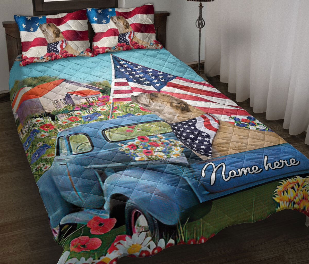 Personalized Bulldog Quilt Bedding Set, Bulldog Patriotic Dog US Flag Flower Quilt Blanket With Pillowcases, Custom Name Duvet Cover Set