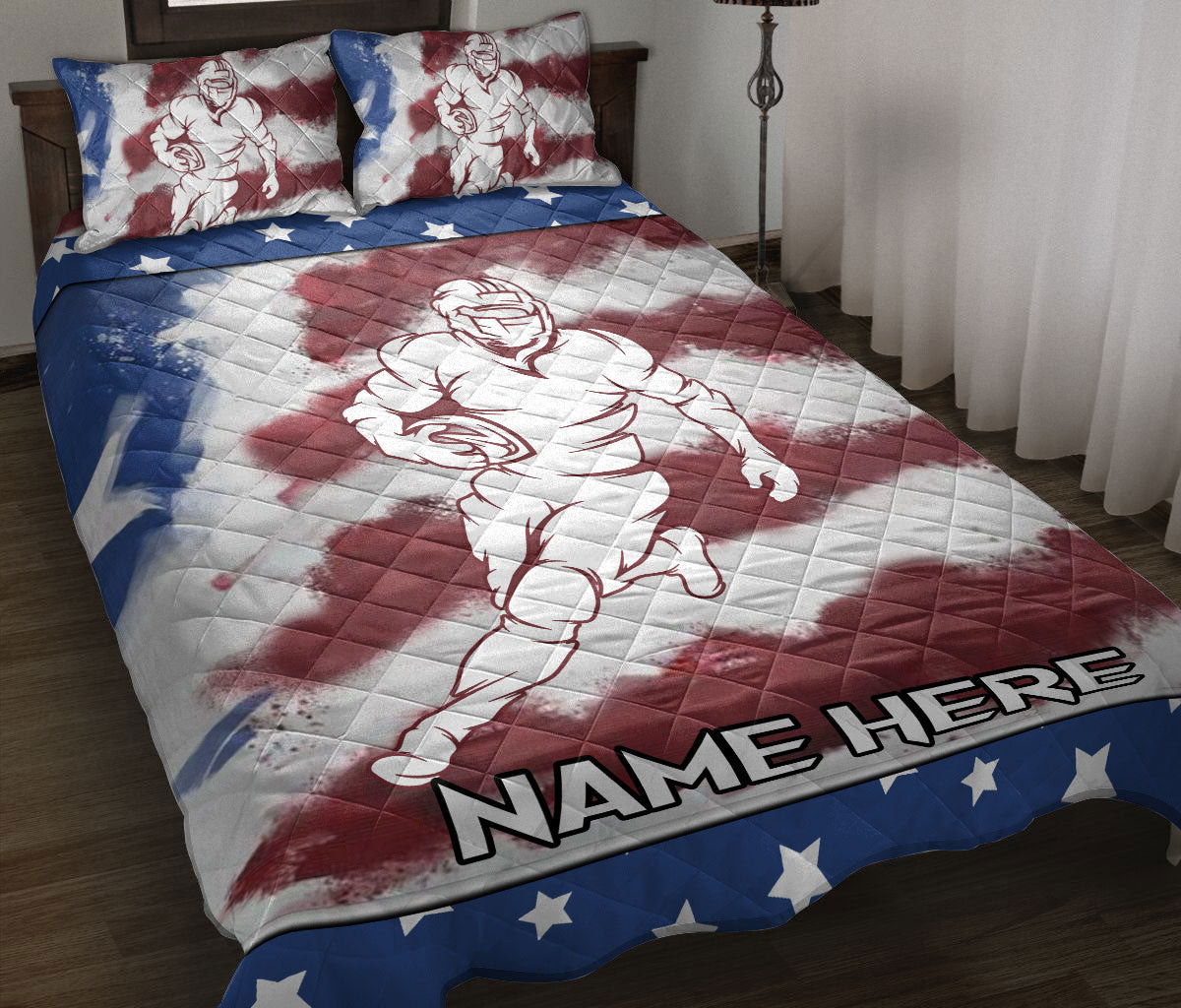 Personalized Football Quilt Bedding Set, American Football American US Flag Quilt Blanket With Pillowcases, Custom Name Duvet Cover Set