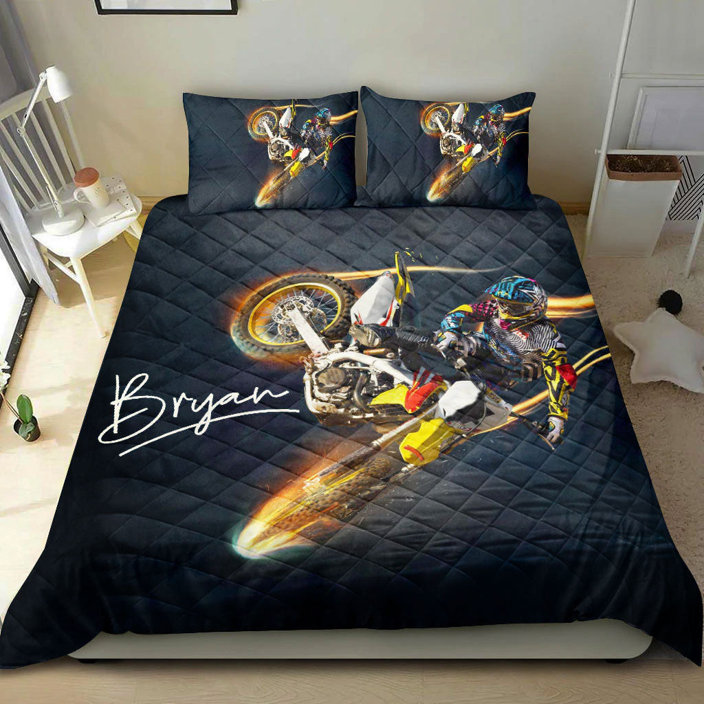Personalized Racing Quilt Bedding Set, Motorcross Motorbike Racing Racer Black Quilt Blanket With Pillowcases, Custom Name Duvet Cover Set