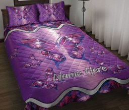 Personalized Butterfly Quilt Bedding Set, Purple Butterfly Floral Quilt Blanket With Pillowcases, Custom Name Duvet Cover Set