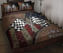 Personalized Racing Quilt Bedding Set, Racing Racer US Flag Checkered Flag Quilt Blanket With Pillowcases, Custom Name Duvet Cover Set