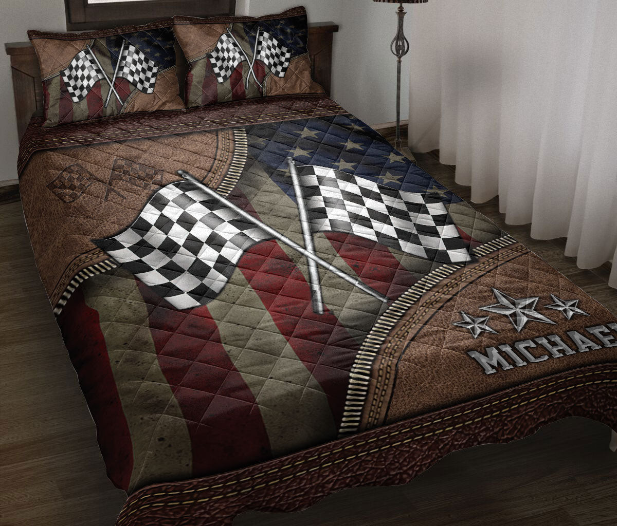 Personalized Racing Quilt Bedding Set, Racing Racer US Flag Checkered Flag Quilt Blanket With Pillowcases, Custom Name Duvet Cover Set