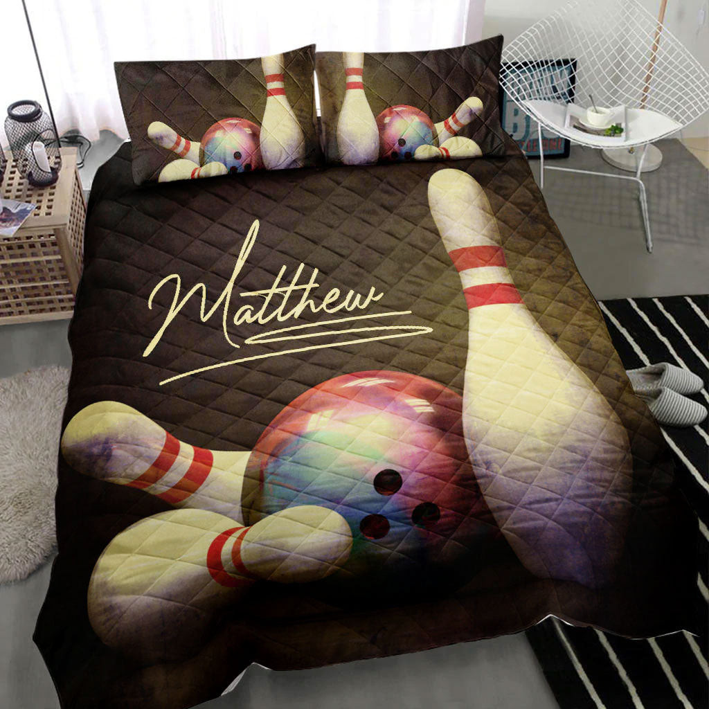 Personalized Bowling Quilt Bedding Set, Bowling Pin Ball Bowler Quilt Blanket With Pillowcases, Custom Name Duvet Cover Set