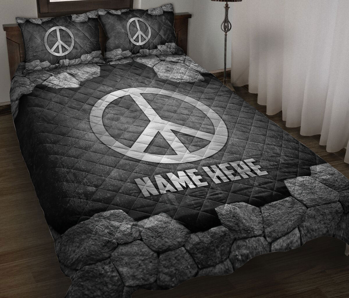 Personalized Hippie Quilt Bedding Set, Hippie Peace Sign Stone Silver Quilt Blanket With Pillowcases, Custom Name Duvet Cover Set