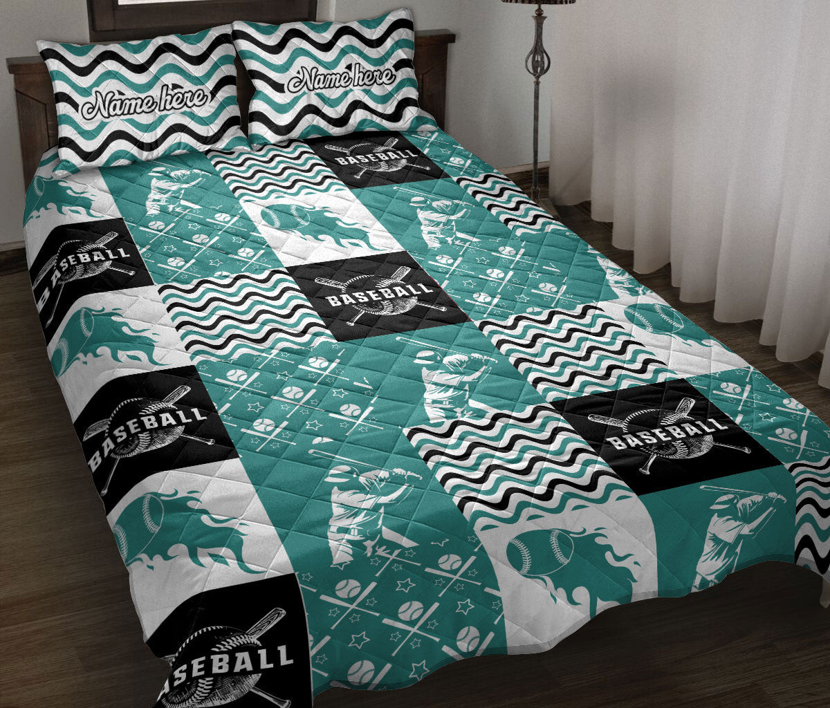 Personalized Baseball Quilt Bedding Set, Baseball Patchworks Blue Black White Quilt Blanket With Pillowcases, Custom Name Duvet Cover Set, Sports Gifts