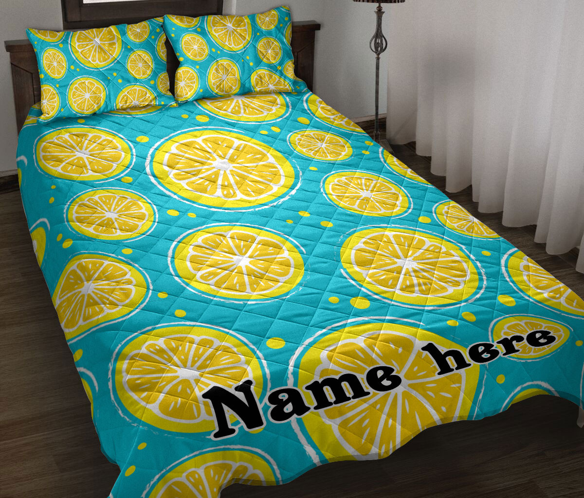 Personalized Fruit Quilt Bedding Set, Lemon Pineapples Tropical Watermelon Seamless Blue Quilt Blanket With Pillowcases, Duvet Cover Set