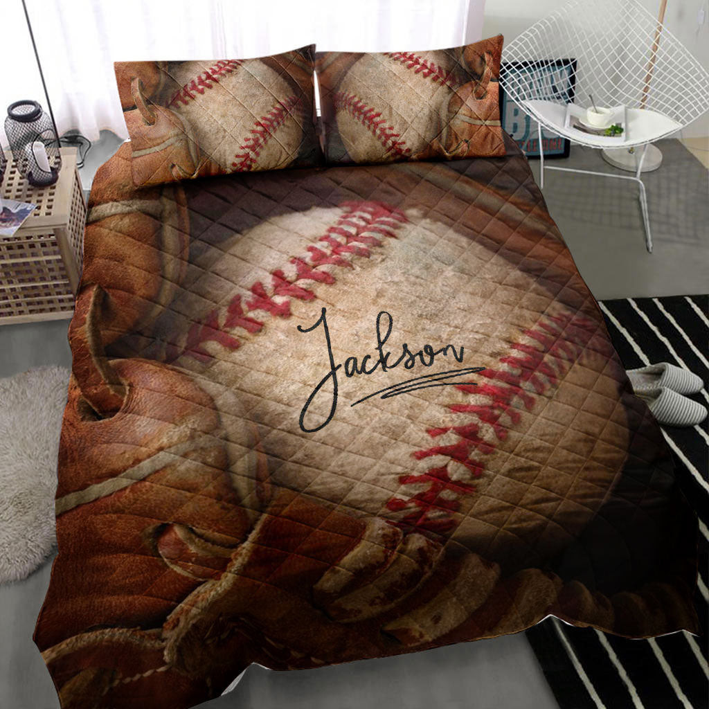 Personalized Baseball Quilt Bedding Set, Baseball Ball Glove 3D Quilt Blanket With Pillowcases, Custom Name Duvet Cover Set, Sports Gifts