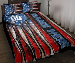 Personalized Baseball Quilt Bedding Set, Baseball American US Flag Patriot Quilt Blanket With Pillowcases, Duvet Cover Set