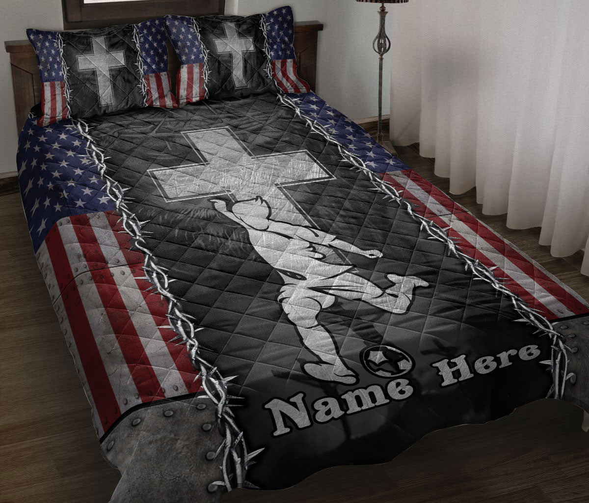 Personalized Soccer Quilt Bedding Set, Soccer God JesusCross American USFlagian Quilt Blanket With Pillowcases, Custom Name Duvet Cover Set