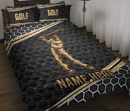 Personalized Golf Quilt Bedding Set, Golf Golfer Black & Golden Quilt Blanket With Pillowcases, Custom Name Duvet Cover Set
