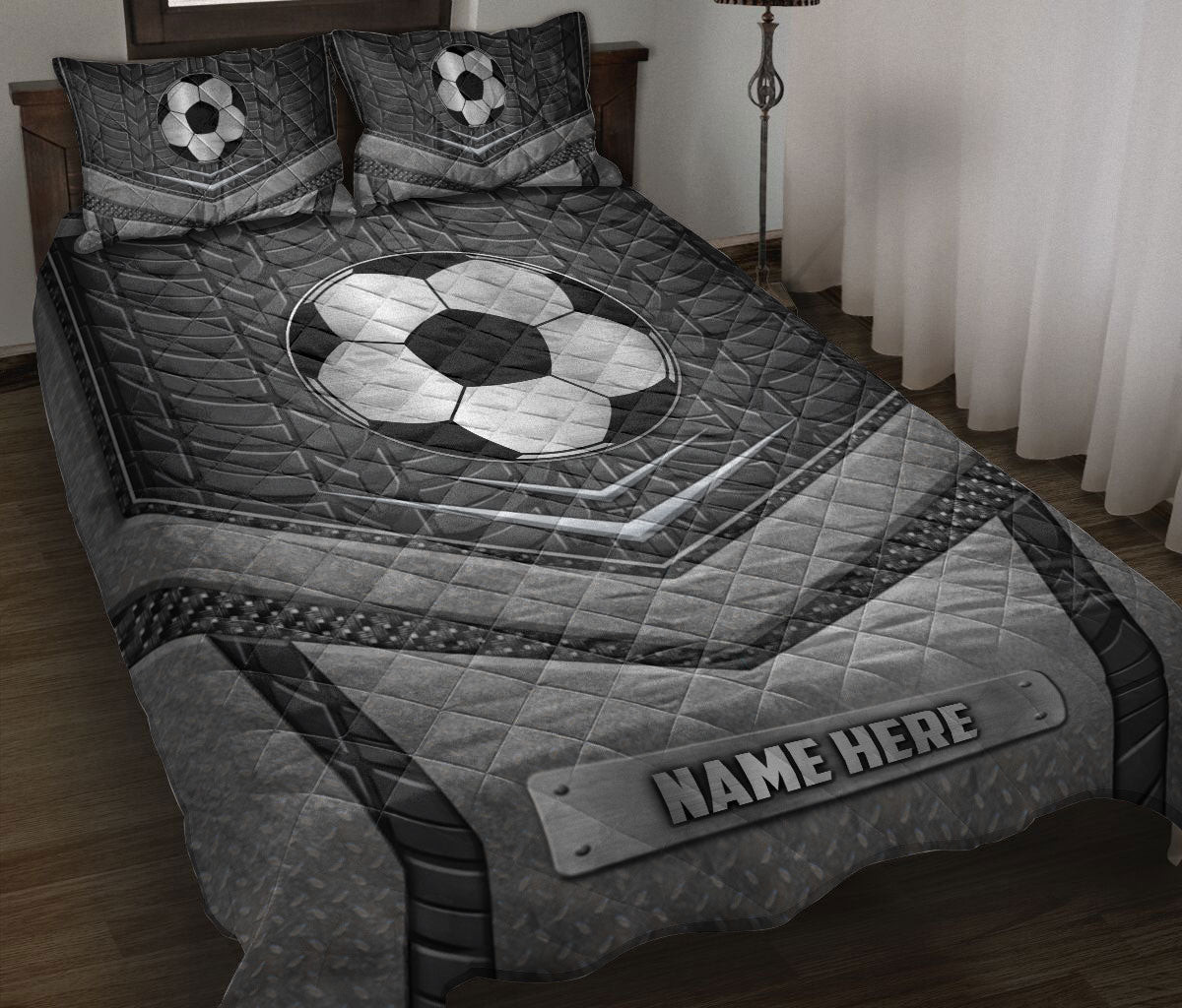 Personalized Soccer Quilt Bedding Set, Soccer Silvers Quilt Blanket With Pillowcases, Custom Name Duvet Cover Set