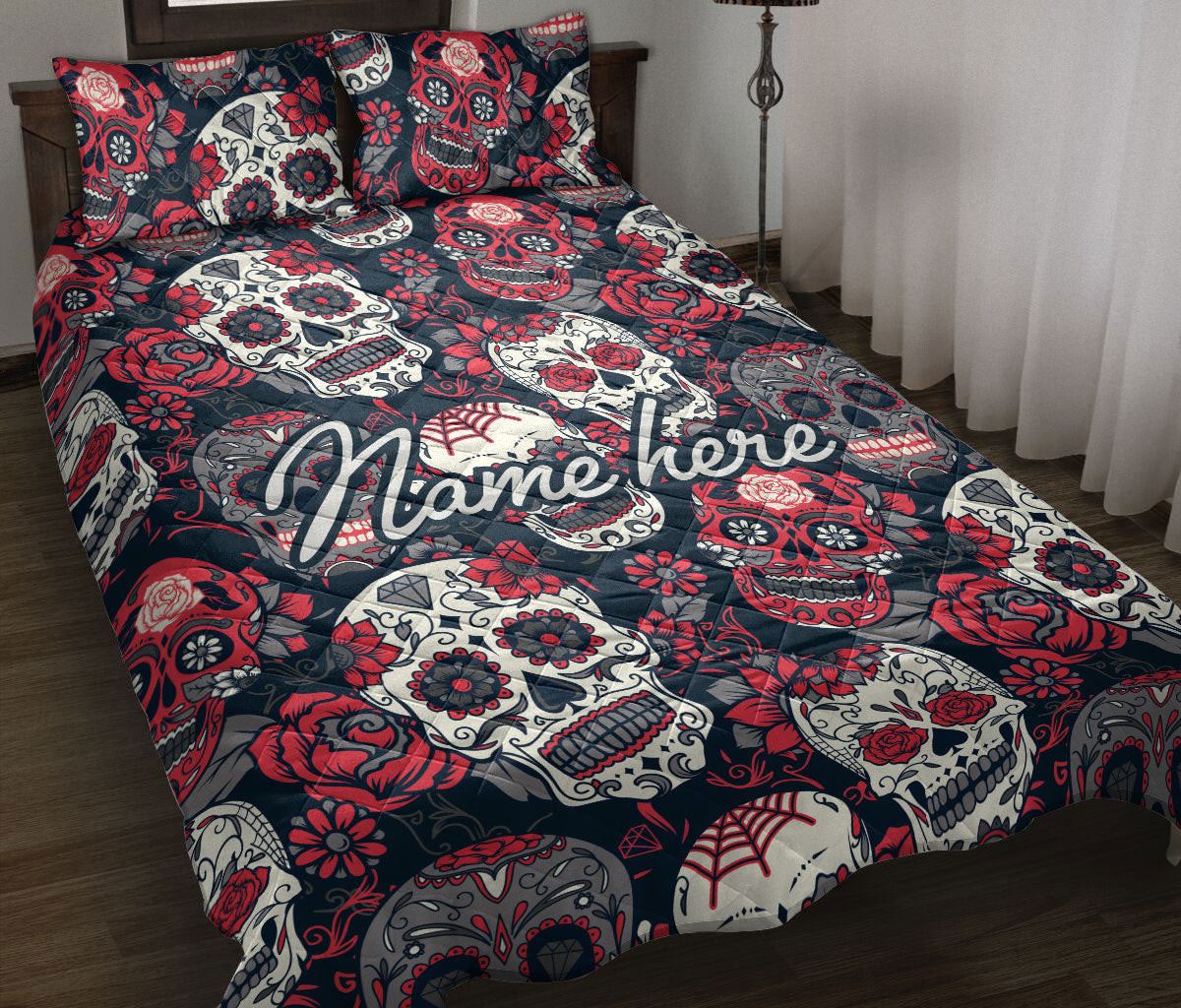 Personalized Skull Quilt Bedding Set, Calavera Sugar Skull Rose Flower Quilt Blanket With Pillowcases, Custom Name Duvet Cover Set