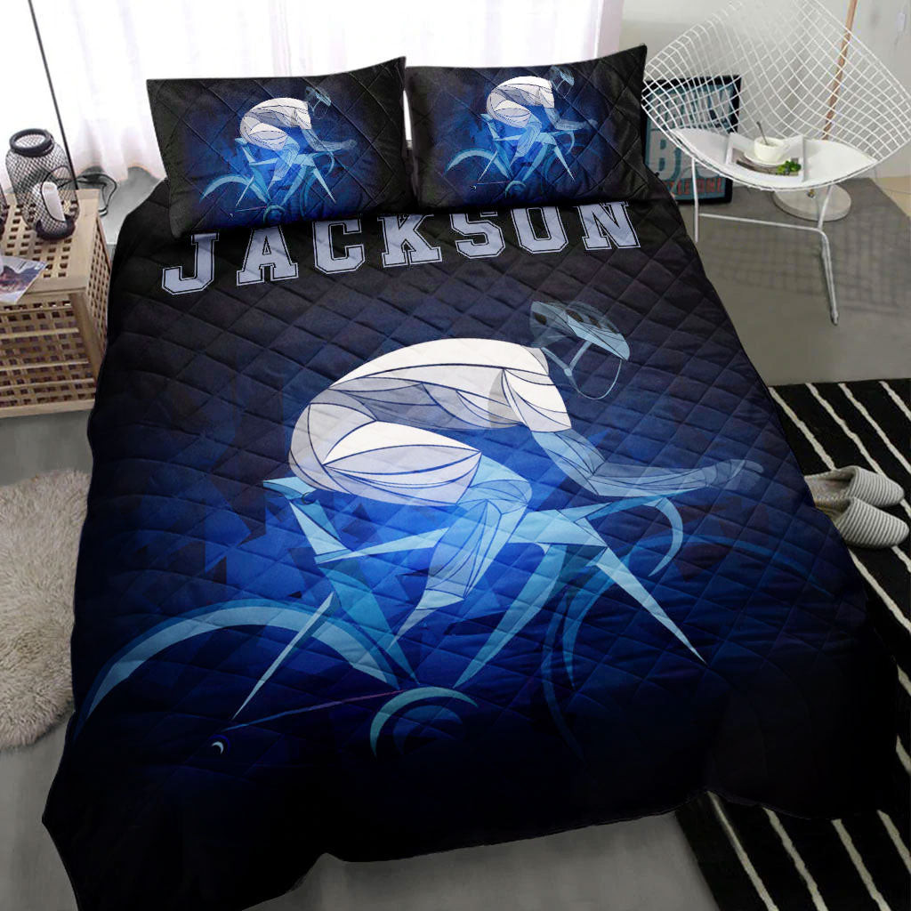 Personalized Cycling Quilt Bedding Set, Cycling Bicycle Biker Black Blue Quilt Blanket With Pillowcases, Custom Name Duvet Cover Set