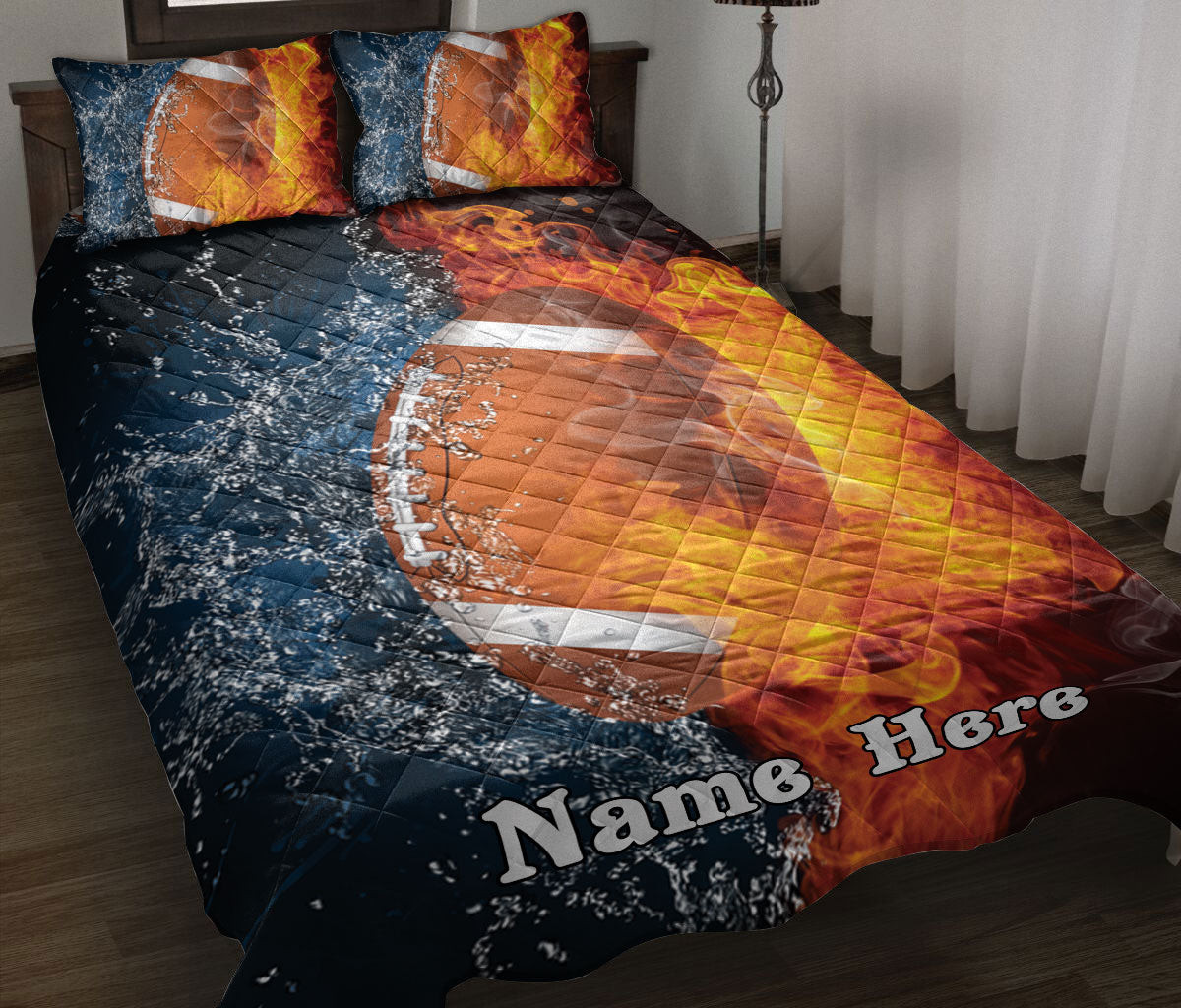 Personalized Football Quilt Bedding Set, Football Ball Red & Blue Quilt Blanket With Pillowcases, Custom Name Duvet Cover Set