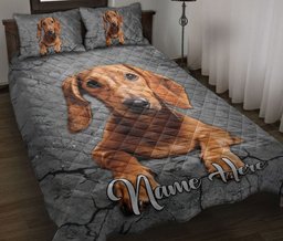Personalized Dachshund Quilt Bedding Set, Dachshund Dog Crack Gray Sliver Quilt Blanket With Pillowcases, Custom Name Duvet Cover Set