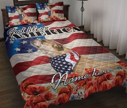 Personalized Bulldog Quilt Bedding Set, Bulldog Patriotic Dog God Bless US Flag Quilt Blanket With Pillowcases, Custom Name Duvet Cover Set