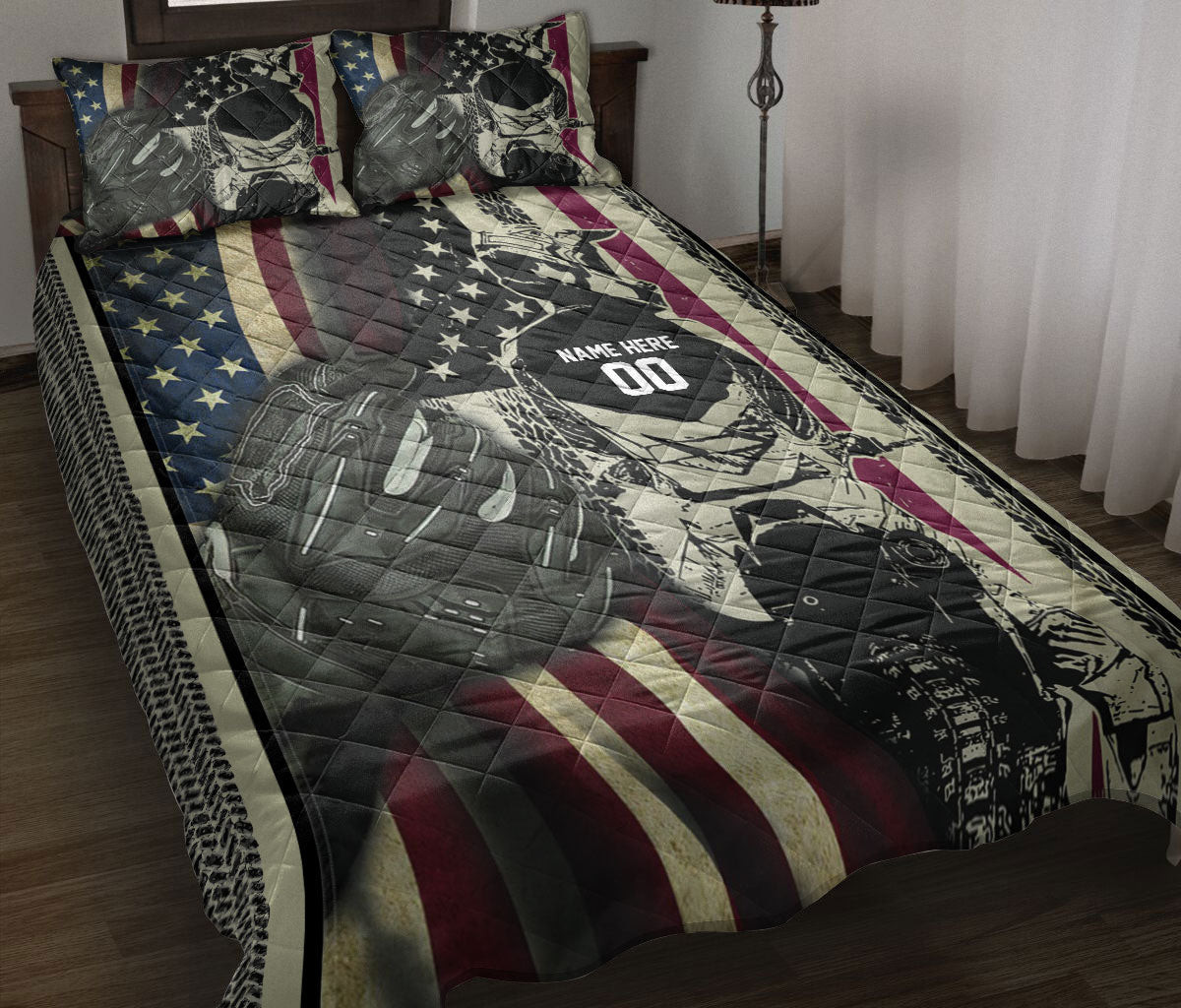 Personalized Motocross Quilt Bedding Set, Dirt Bike Motocross Racer US Flag Extreme Quilt Blanket With Pillowcases, Custom Name Duvet Cover Set