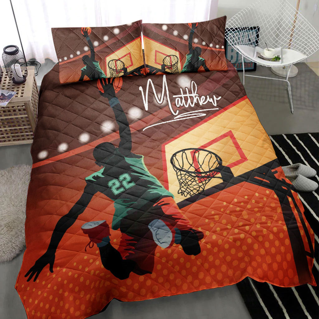 Personalized Basketball Quilt Bedding Set, Basketball Boy Slam Dunk Orange Quilt Blanket With Pillowcases, Duvet Cover Set