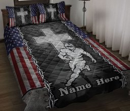 Personalized Football Quilt Bedding Set, Football God JesusCross American USFlagian Quilt Blanket With Pillowcases, Duvet Cover Set