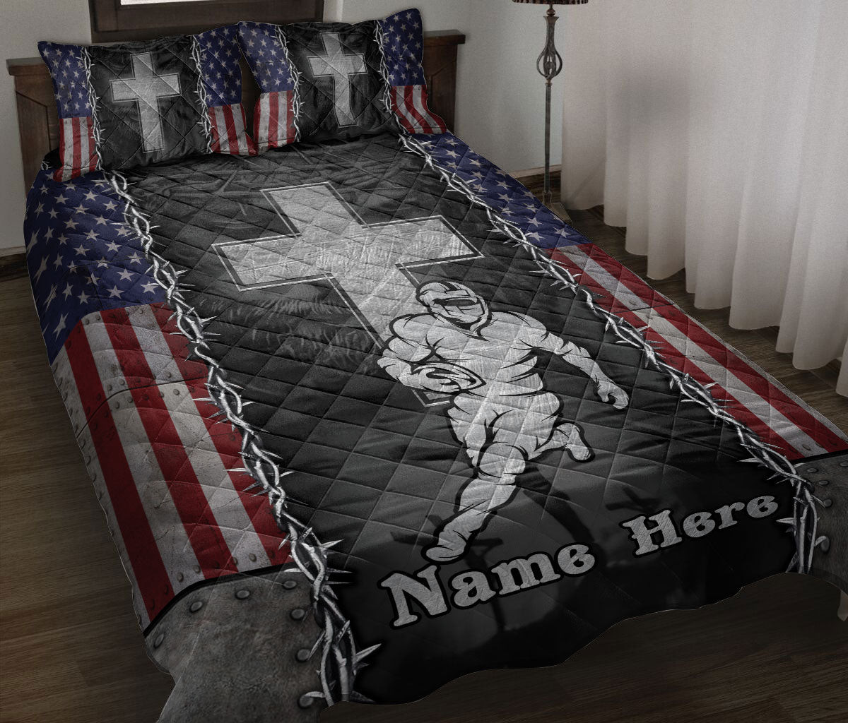 Personalized Football Quilt Bedding Set, Football God JesusCross American USFlagian Quilt Blanket With Pillowcases, Duvet Cover Set