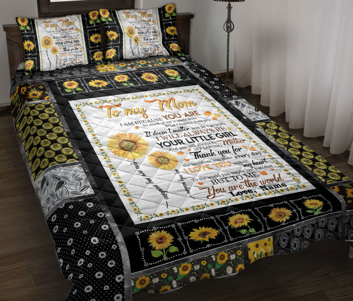 Personalized Sunflower Quilt Bedding Set, To My Mom From Daughter Sunflower Quilt Blanket With Pillowcases, Custom Name Duvet Cover Set