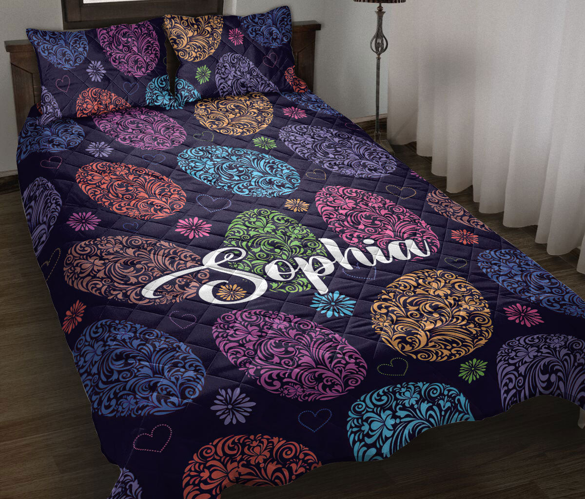 Personalized Easter Quilt Bedding Set, Colorful Sugar Egg Flower Quilt Blanket With Pillowcases, Custom Name Duvet Cover Set