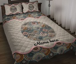 Personalized Softball Quilt Bedding Set, Softball Baseball Floral Mandala Quilt Blanket With Pillowcases, Custom Name Duvet Cover Set