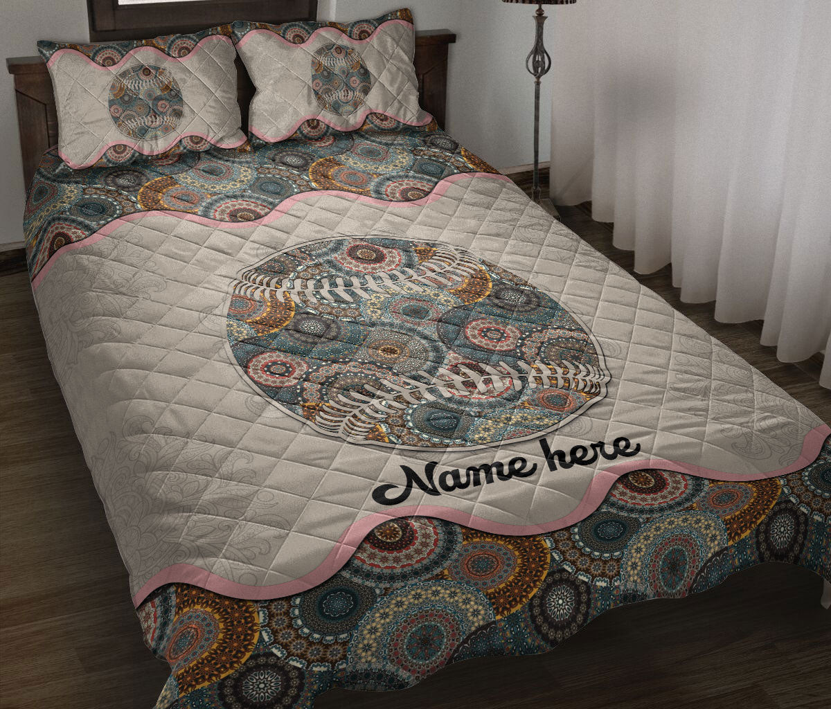 Personalized Softball Quilt Bedding Set, Softball Baseball Floral Mandala Quilt Blanket With Pillowcases, Custom Name Duvet Cover Set
