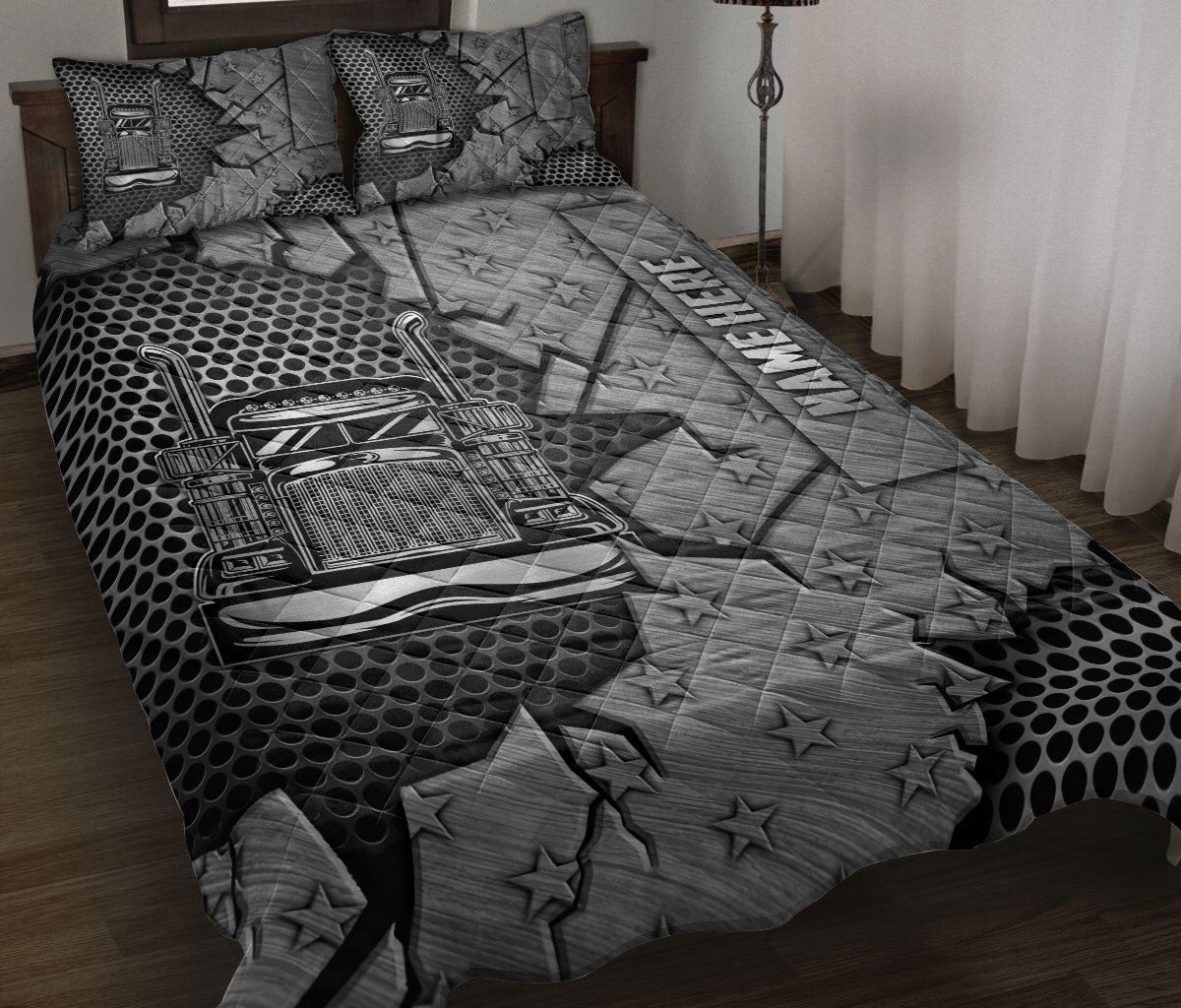 Personalized Trucker Quilt Bedding Set, Trucker Truck Driver Crack Silver Quilt Blanket With Pillowcases, Custom Name Duvet Cover Set