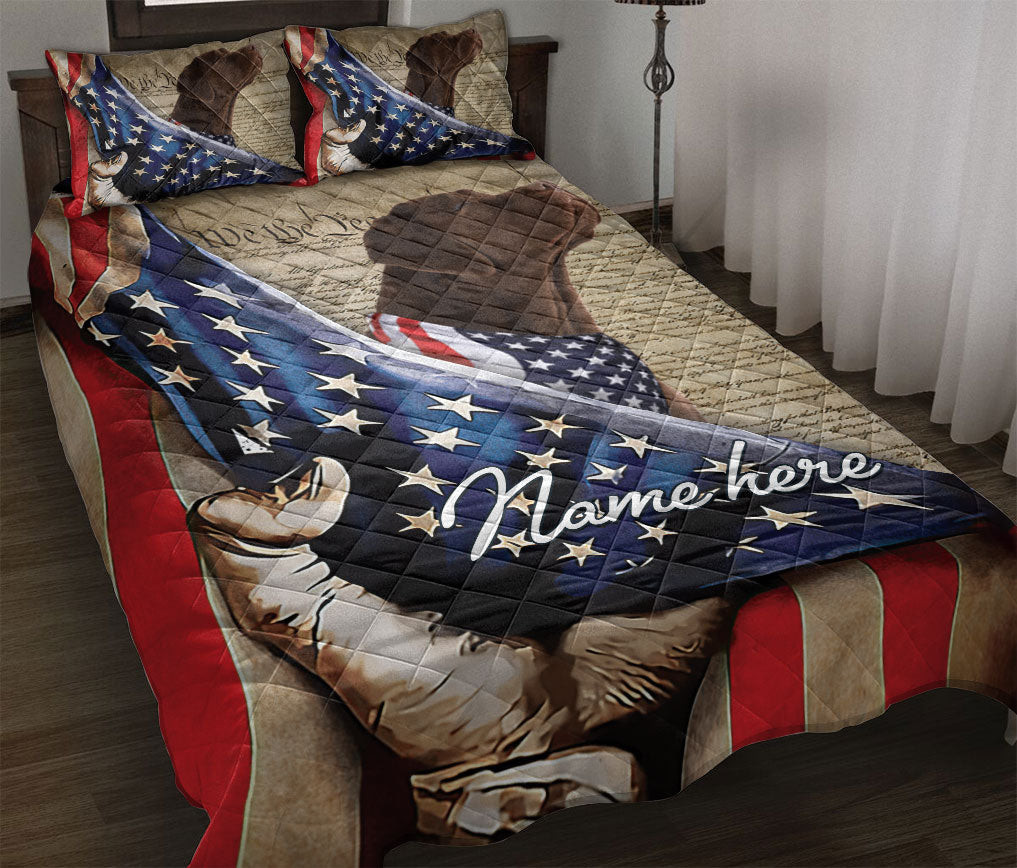 Personalized Labrador Retriever Quilt Bedding Set, Chocolate Patriotic Dog US Flag We People Quilt Blanket With Pillowcases, Duvet Cover Set