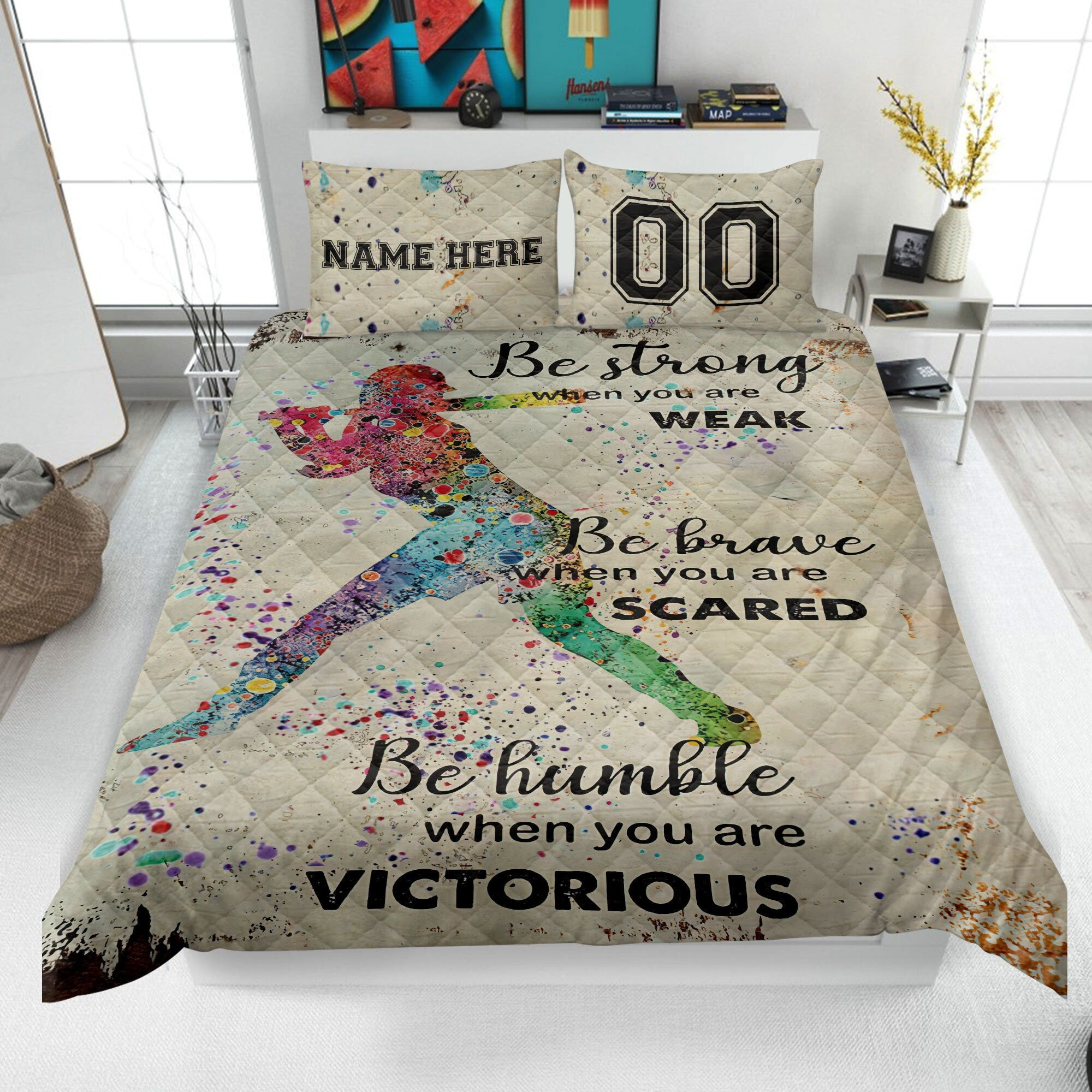 Personalized Softball Quilt Bedding Set, Softball Batter Quilt Blanket & Pillowcases, Custom Name Number Duvet Cover Set, Gift for Mom, Daughter