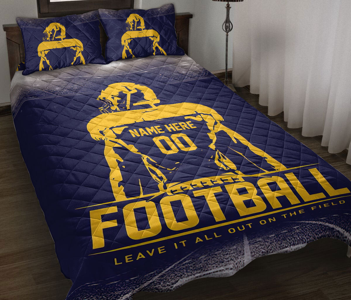 Personalized Football Quilt Bedding Set, American Football Player Field Quilt Blanket With Pillowcases, Custom Name and Number Duvet Cover Set