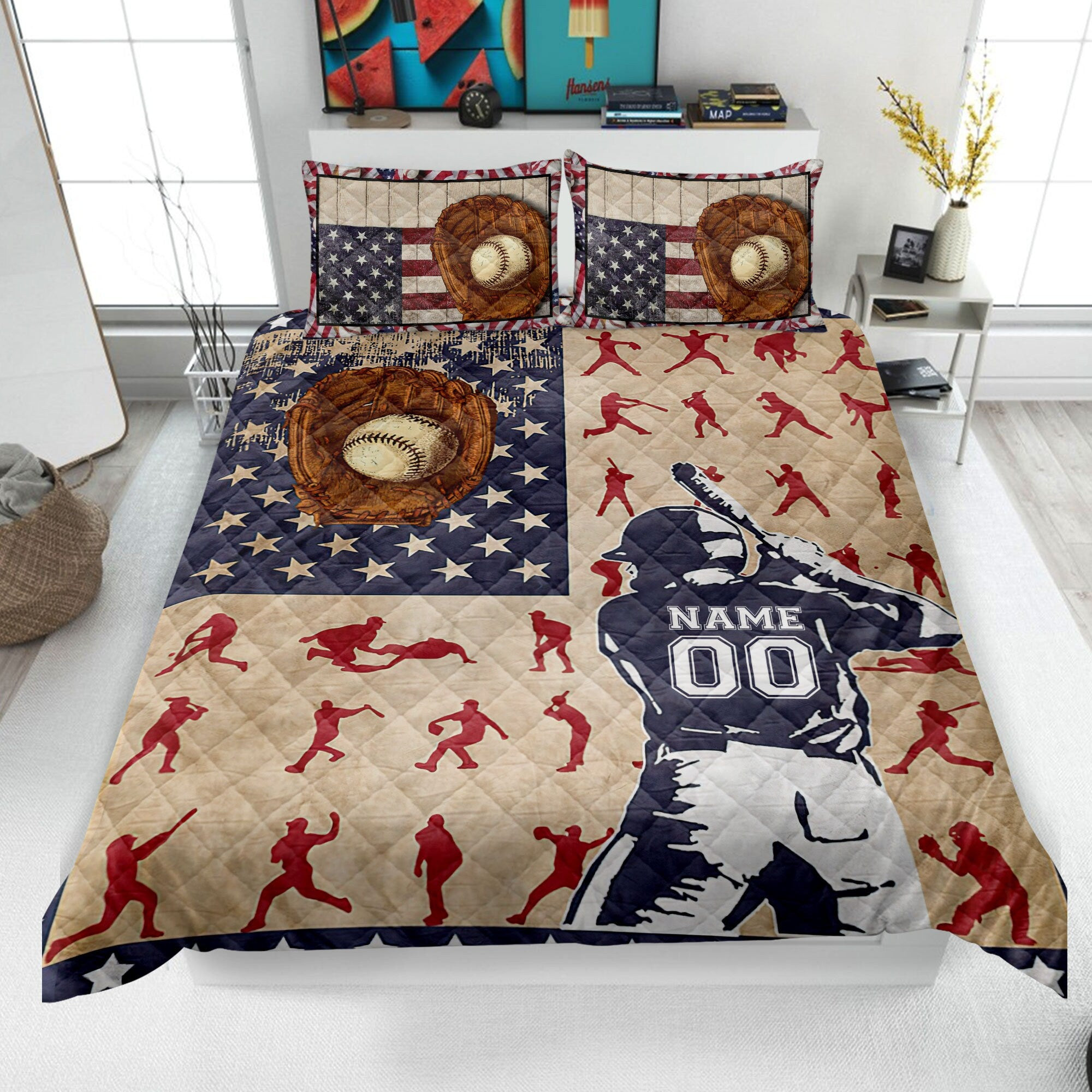 Personalized Baseball Quilt Bedding Set, Baseball Quilt Blanket & Pillowcases, Custom Name Number Duvet Cover Set, Gift for Dad, Husband, Son
