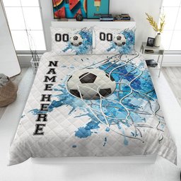 Personalized Soccer Quilt Bedding Set, Soccer Quilt Blanket & Pillowcases, Custom Name Number Duvet Cover Set, Gift for Dad, Husband, Son, Kid