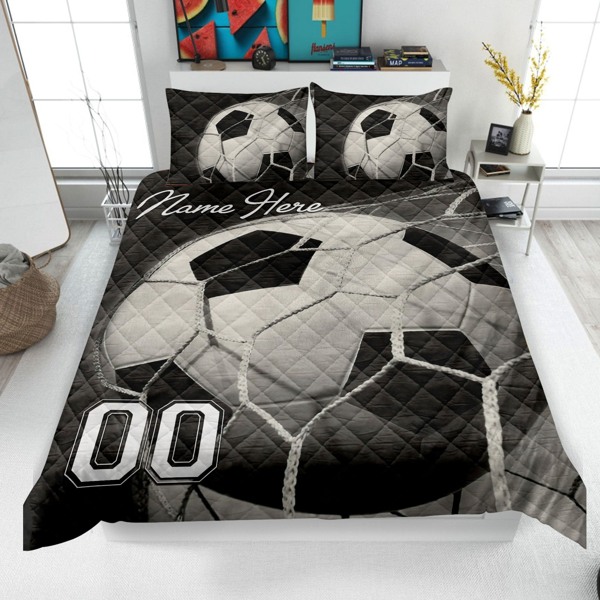 Personalized Soccer Quilt Bedding Set, Soccer Quilt Blanket & Pillowcases, Custom Name Number Duvet Cover Set, Gift for Dad, Husband, Son, Kid