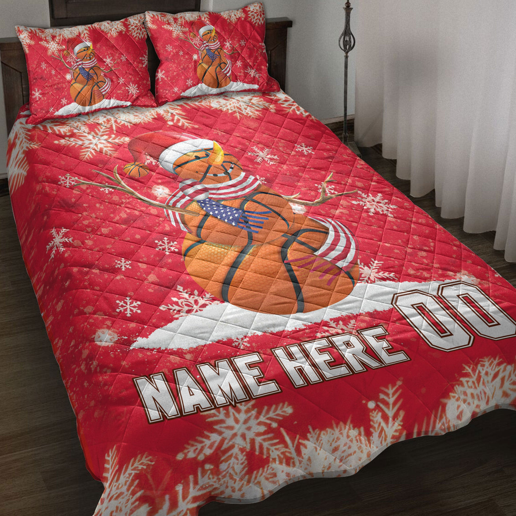 Personalized Basketball Quilt Bedding Set, Basketball Snowmanmas Quilt Blanket With Pillowcases, Custom Name and Number Duvet Cover Set, Christmas Gift