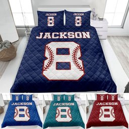 Personalized Baseball Quilt Bedding Set, Baseball Quilt Blanket & Pillowcases, Custom Name Number Duvet Cover Set, Sport Gift for Son, Kid, Team