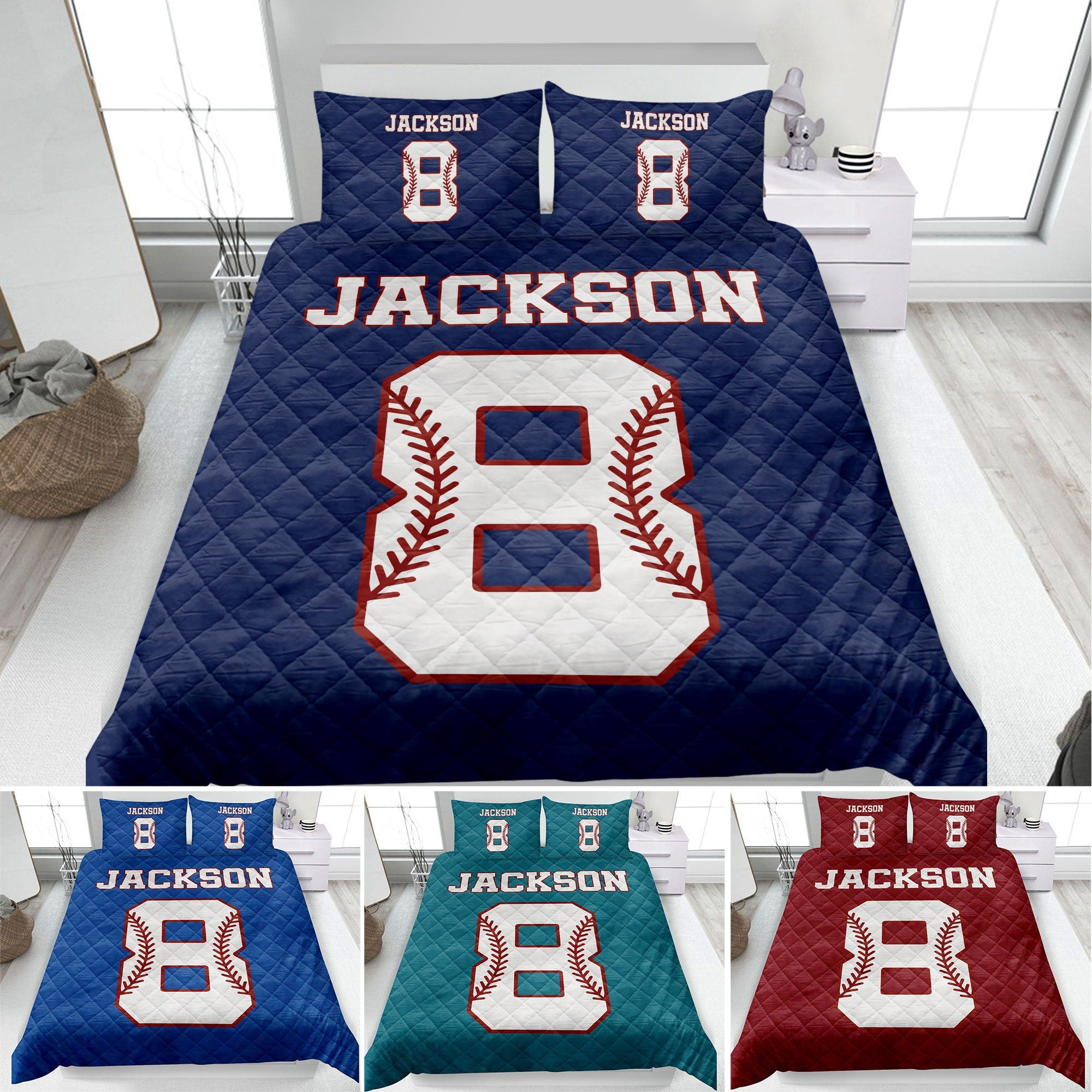 Personalized Baseball Quilt Bedding Set, Baseball Quilt Blanket & Pillowcases, Custom Name Number Duvet Cover Set, Sport Gift for Son, Kid, Team
