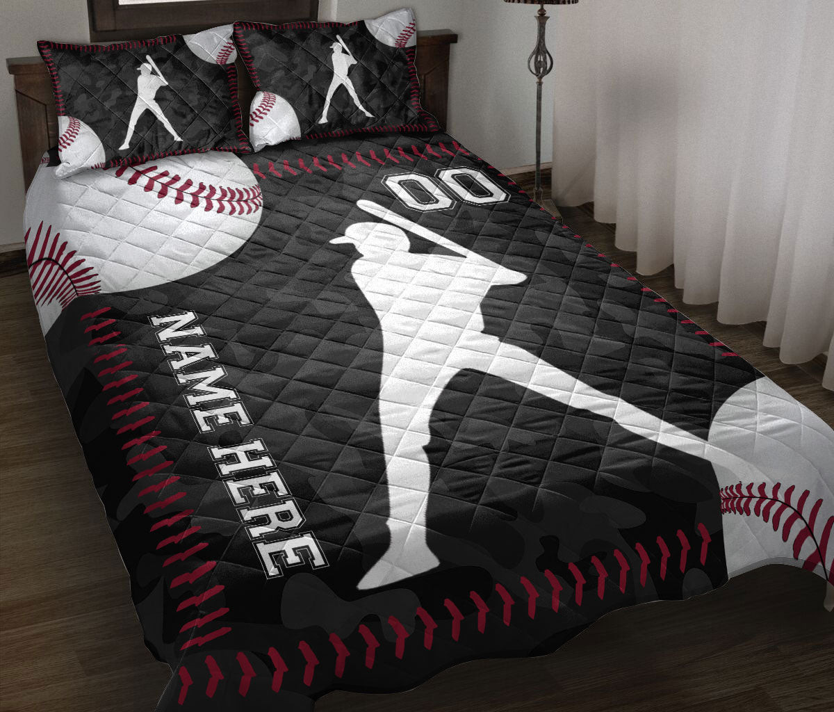 Personalized Baseball Quilt Bedding Set, Baseball Player Black Ball Quilt Blanket With Pillowcases, Custom Name and Number Duvet Cover Set, Sports Gifts